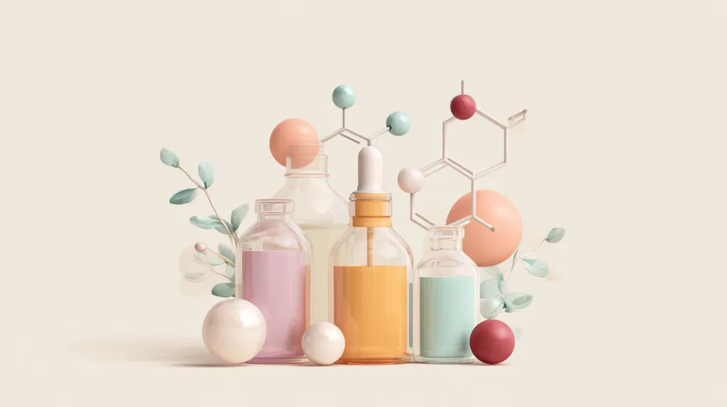 2D skincare beauty ingredients illustration (retinol, NMN, etc.)