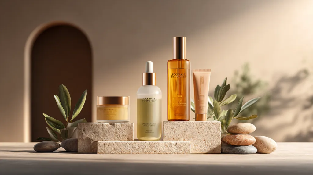 世界の美容市場をイメージしたスキンケアとコスメのビジュアル